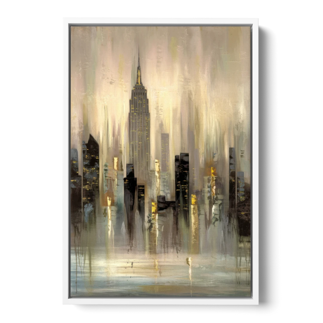 New York City Skyline in Fog - White Framed Canvas Wall Art - Front