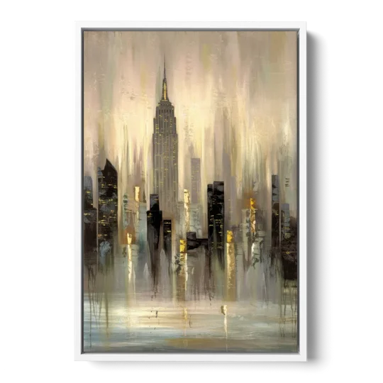New York City Skyline in Fog - White Framed Canvas Wall Art - Front