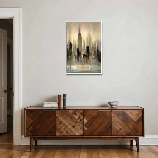 New York City Skyline in Fog - White Framed Canvas Wall Art - Coffee Table - 24x36