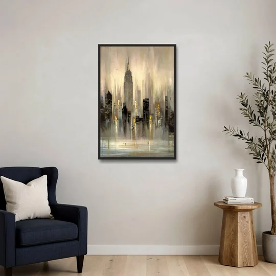 New York City Skyline in Fog - Black Framed Canvas Wall Art - Sofa - 24x36