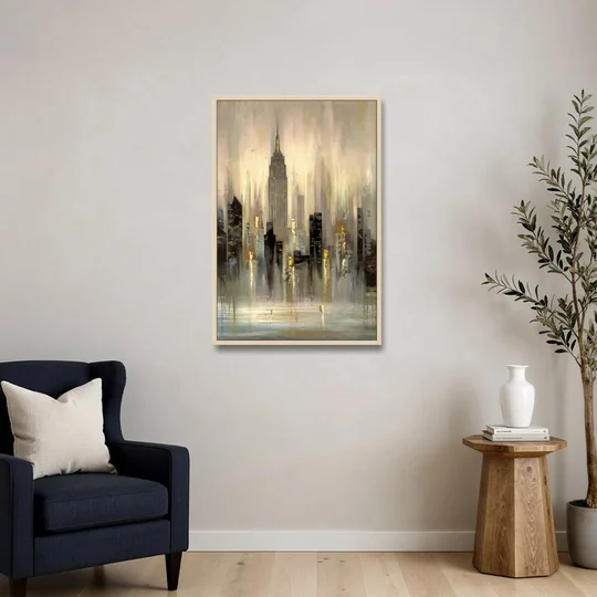 New York City Skyline in Fog - Oak Framed Canvas Wall Art - Sofa - 24x36