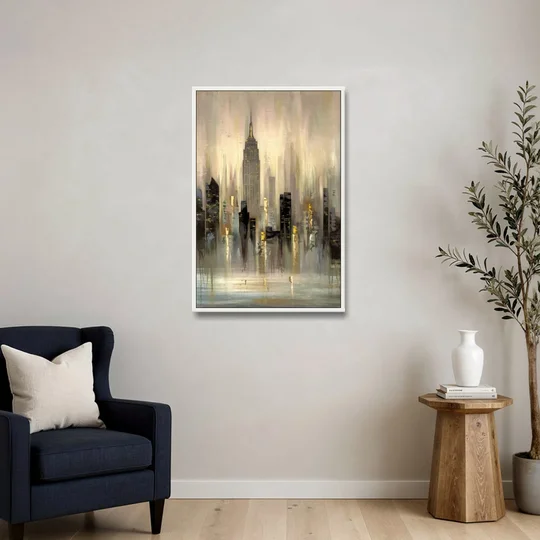 New York City Skyline in Fog - White Framed Canvas Wall Art - Sofa - 24x36