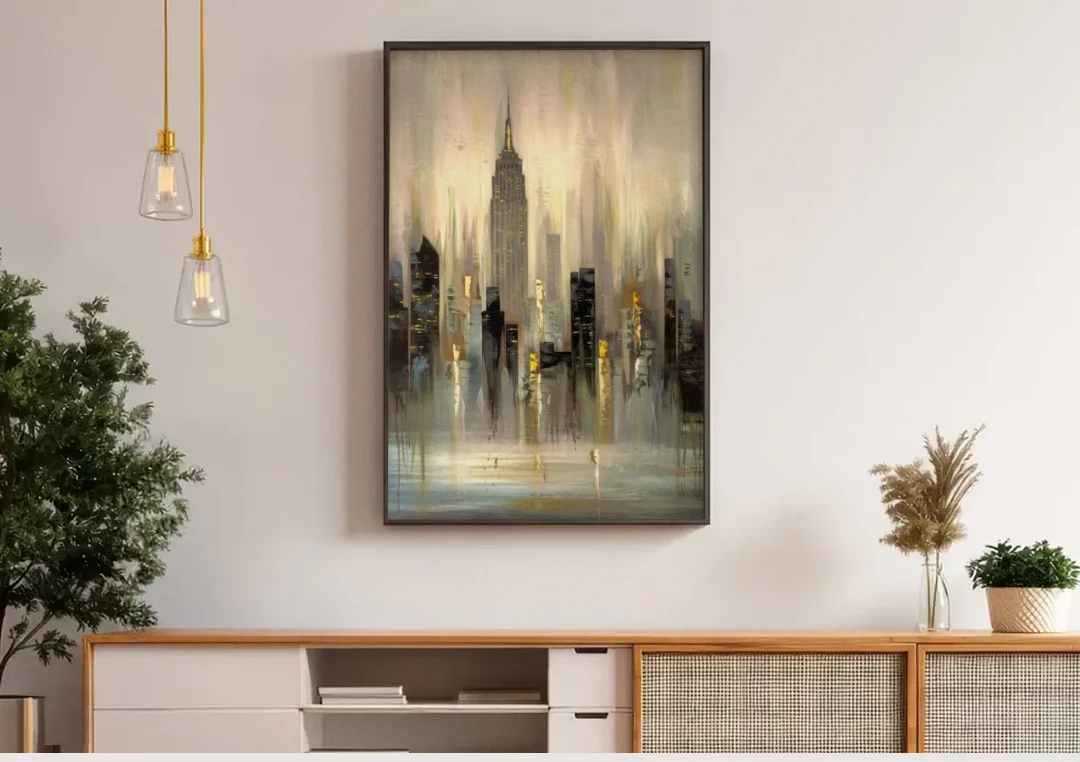 New York City Skyline in Fog canvas wall art above a wooden sideboard under pendant lights