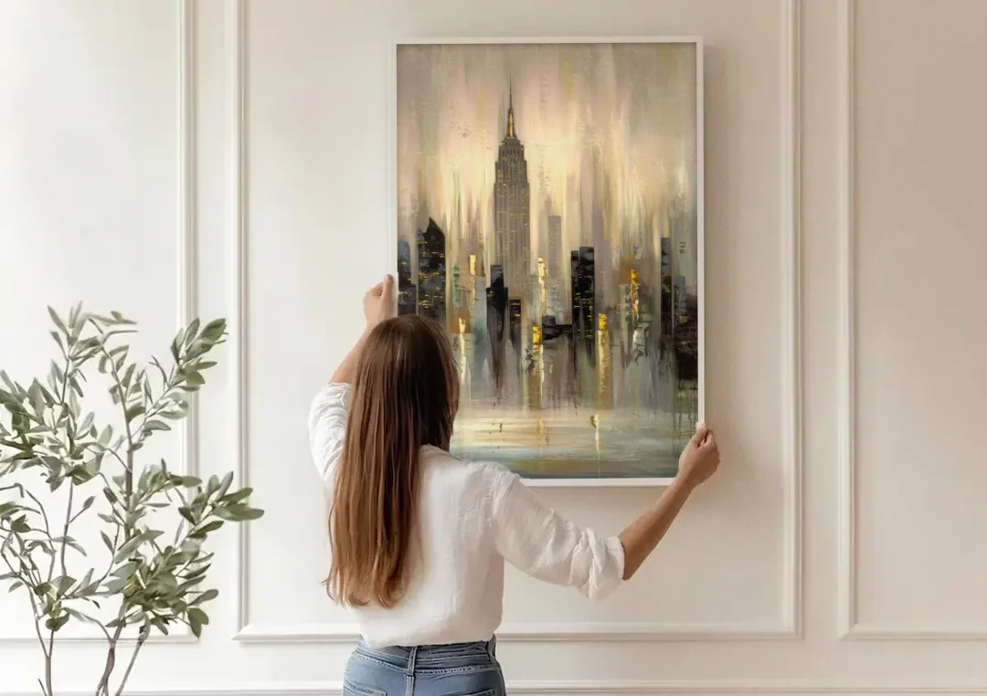 New York City Skyline in Fog canvas wall art being hung on a paneled wall