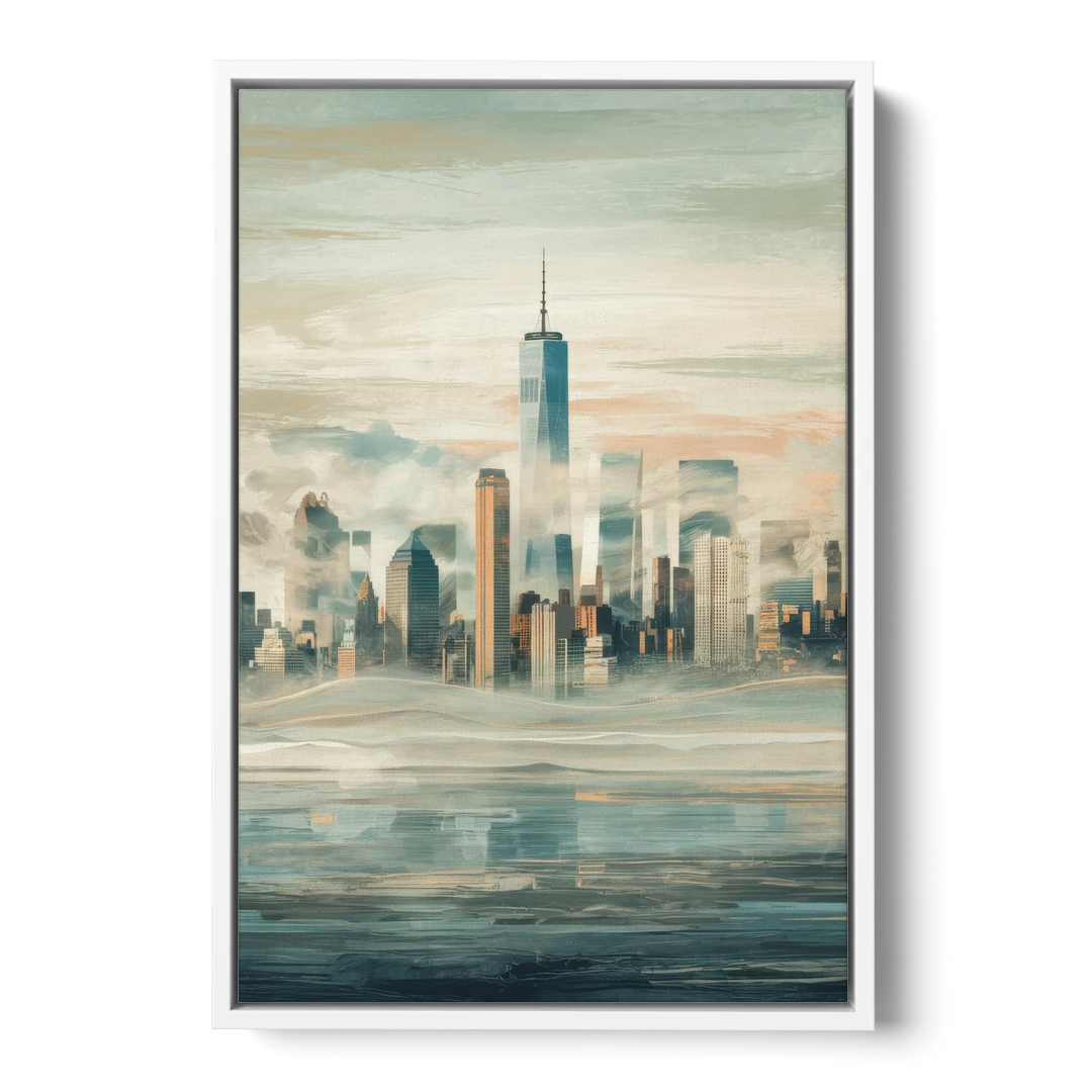 New York City Skyline in Fog Hudson - White Framed Canvas Wall Art - Front