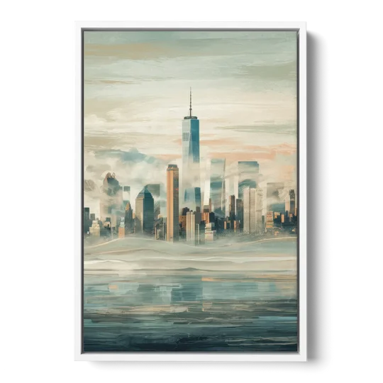 New York City Skyline in Fog Hudson - White Framed Canvas Wall Art - Front
