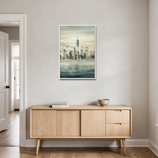 New York City Skyline in Fog Hudson - White Framed Canvas Wall Art - Coffee Table - 24x36