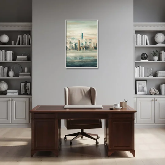 New York City Skyline in Fog Hudson - White Framed Canvas Wall Art - Office - 24x36