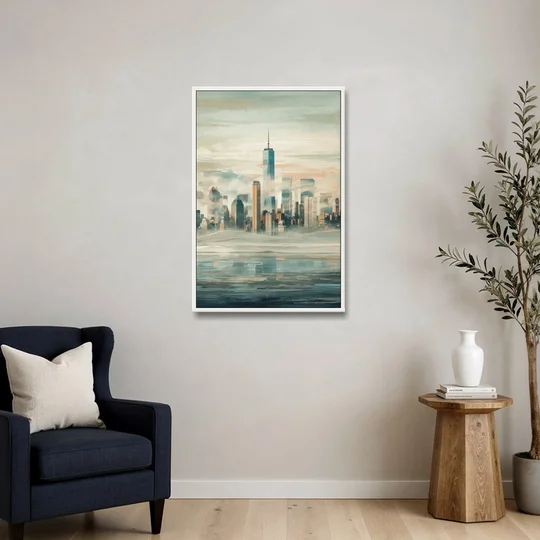 New York City Skyline in Fog Hudson - White Framed Canvas Wall Art - Sofa - 24x36