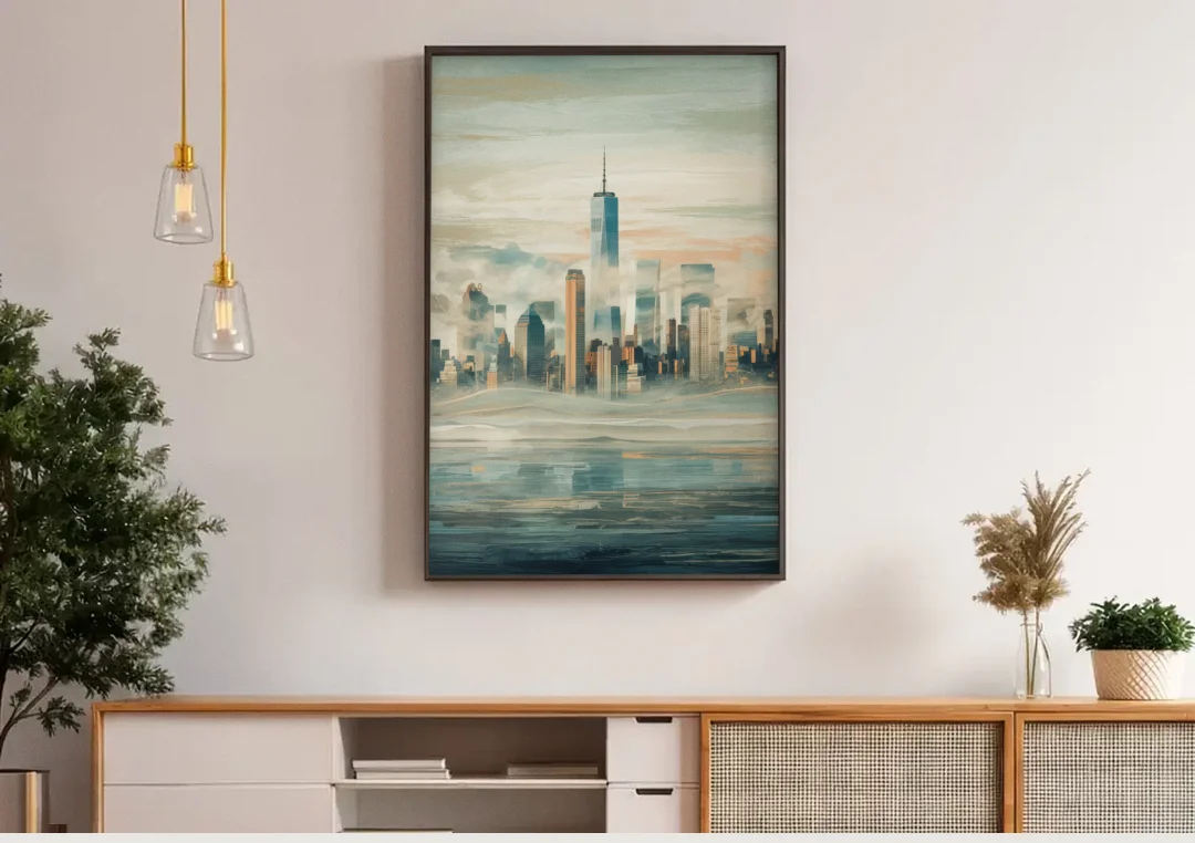 New York City Skyline in Fog Hudson canvas wall art above a wooden sideboard under pendant lights