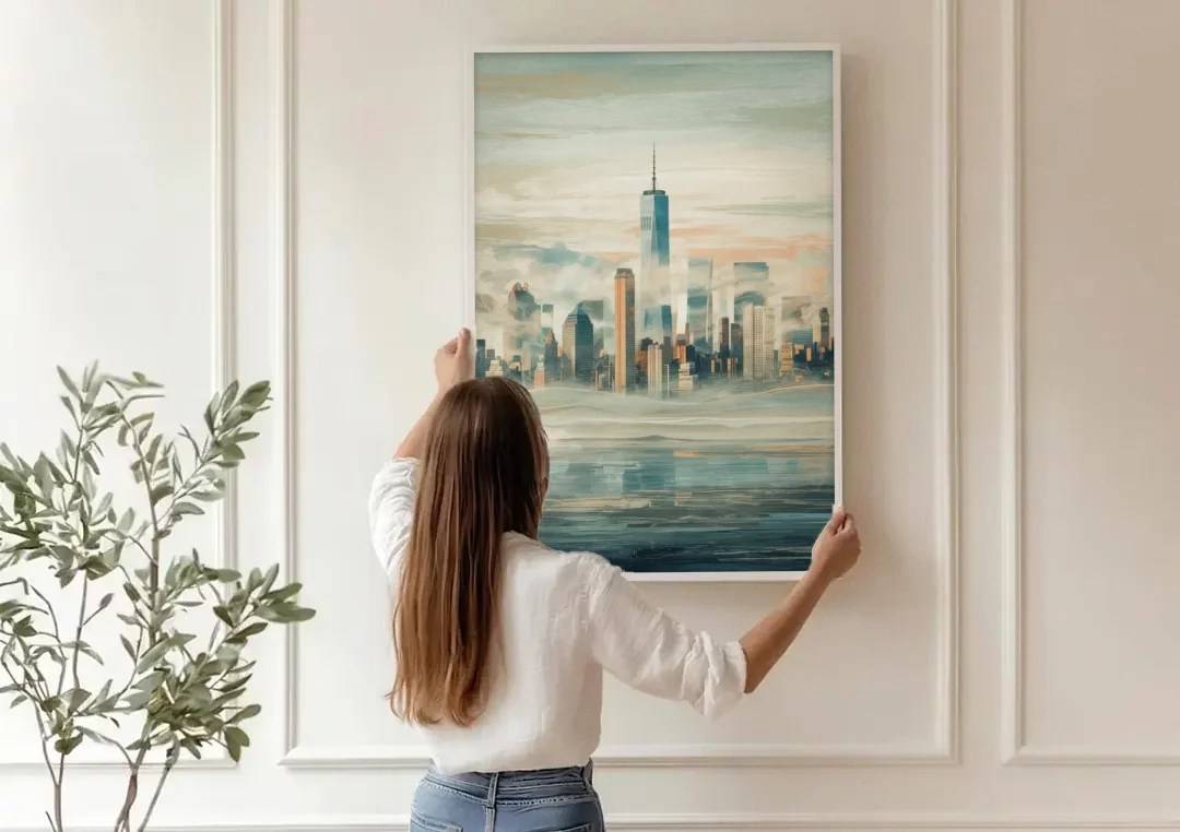 New York City Skyline in Fog Hudson canvas wall art being hung on a paneled wall