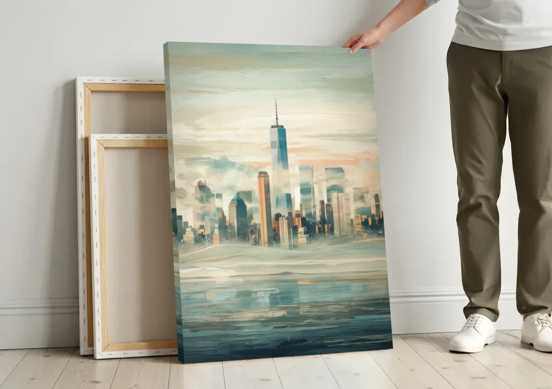 New York City Skyline in Fog Hudson canvas wall art leaning against a wall next to blank canvases