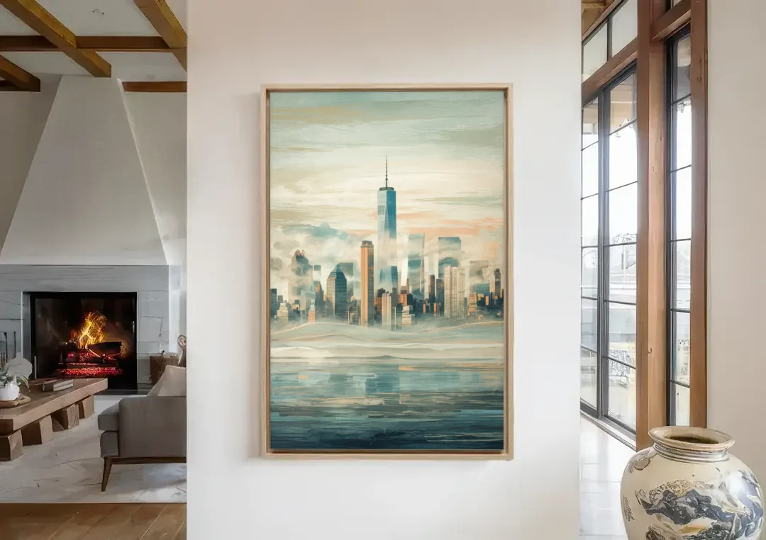 New York City Skyline in Fog Hudson canvas wall art in a living room with a fireplace