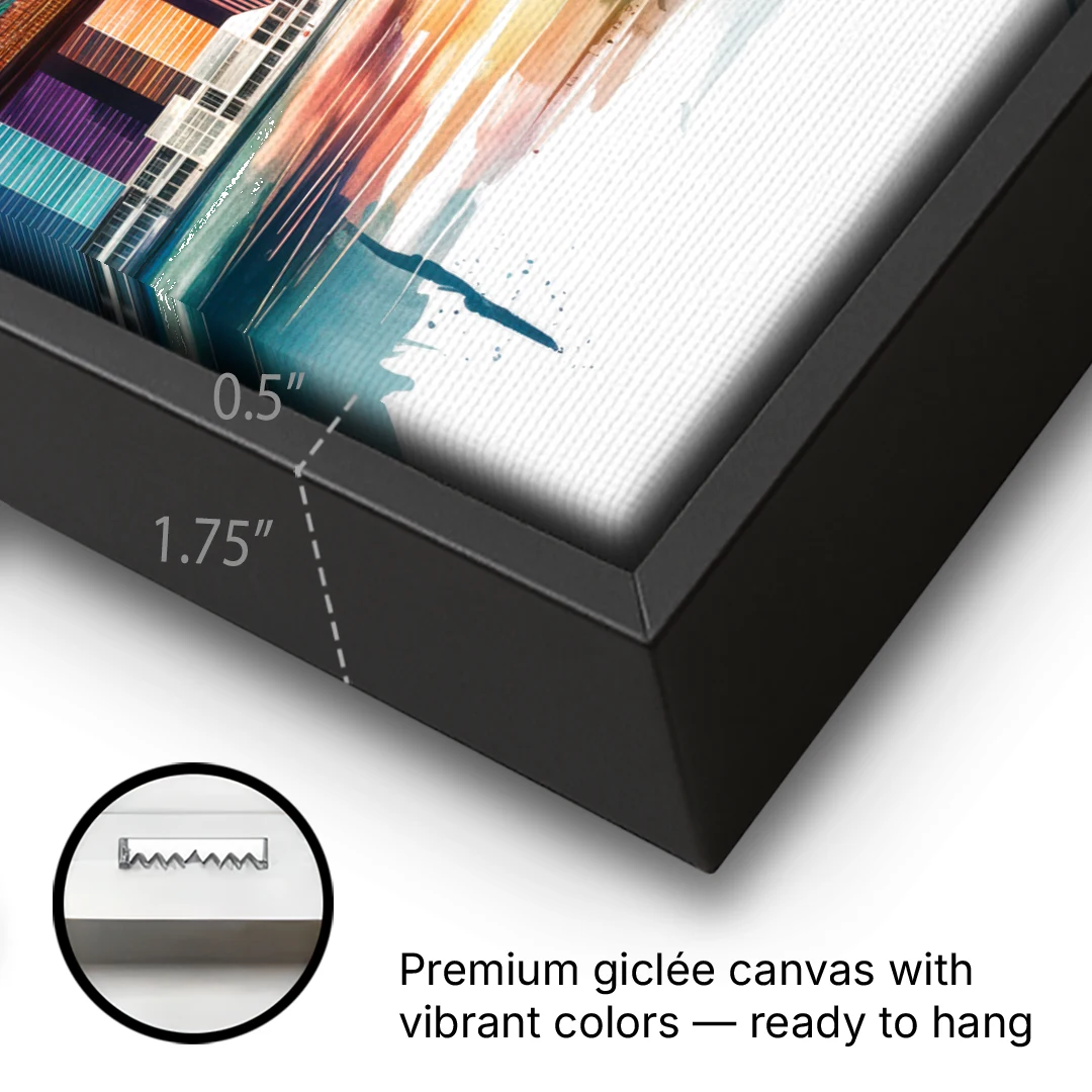 New York City Skyline in Watercolor Hudson - Black Framed Canvas Wall Art - Gallery Wrap Corner