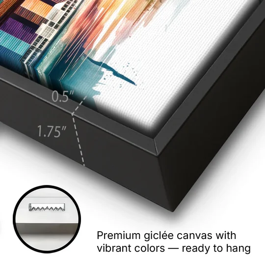 New York City Skyline in Watercolor Hudson - Black Framed Canvas Wall Art - Gallery Wrap Corner