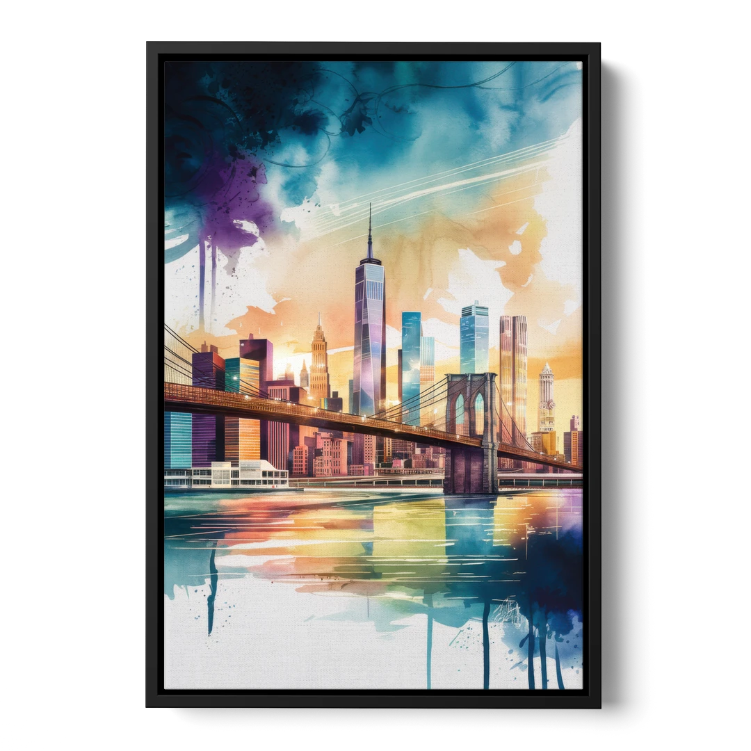 New York City Skyline in Watercolor Hudson - Black Framed Canvas Wall Art - Front
