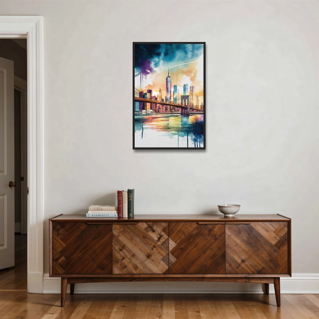 New York City Skyline in Watercolor Hudson - Black Framed Canvas Wall Art - Coffee Table - 24x36
