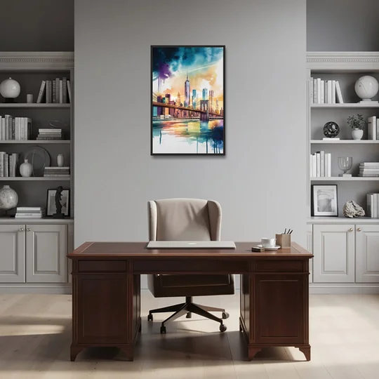 New York City Skyline in Watercolor Hudson - Black Framed Canvas Wall Art - Office - 24x36