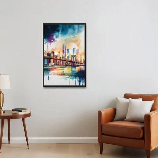 New York City Skyline in Watercolor Hudson - Black Framed Canvas Wall Art - Sofa - 24x36