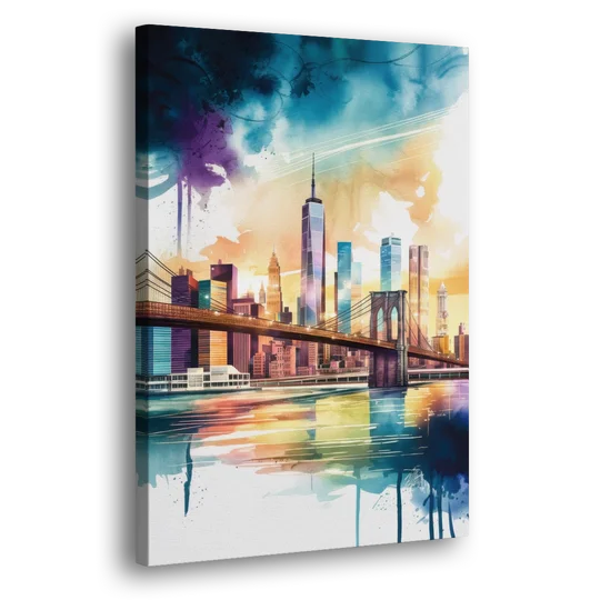 New York City Skyline in Watercolor Hudson - Canvas Wall Art - Side