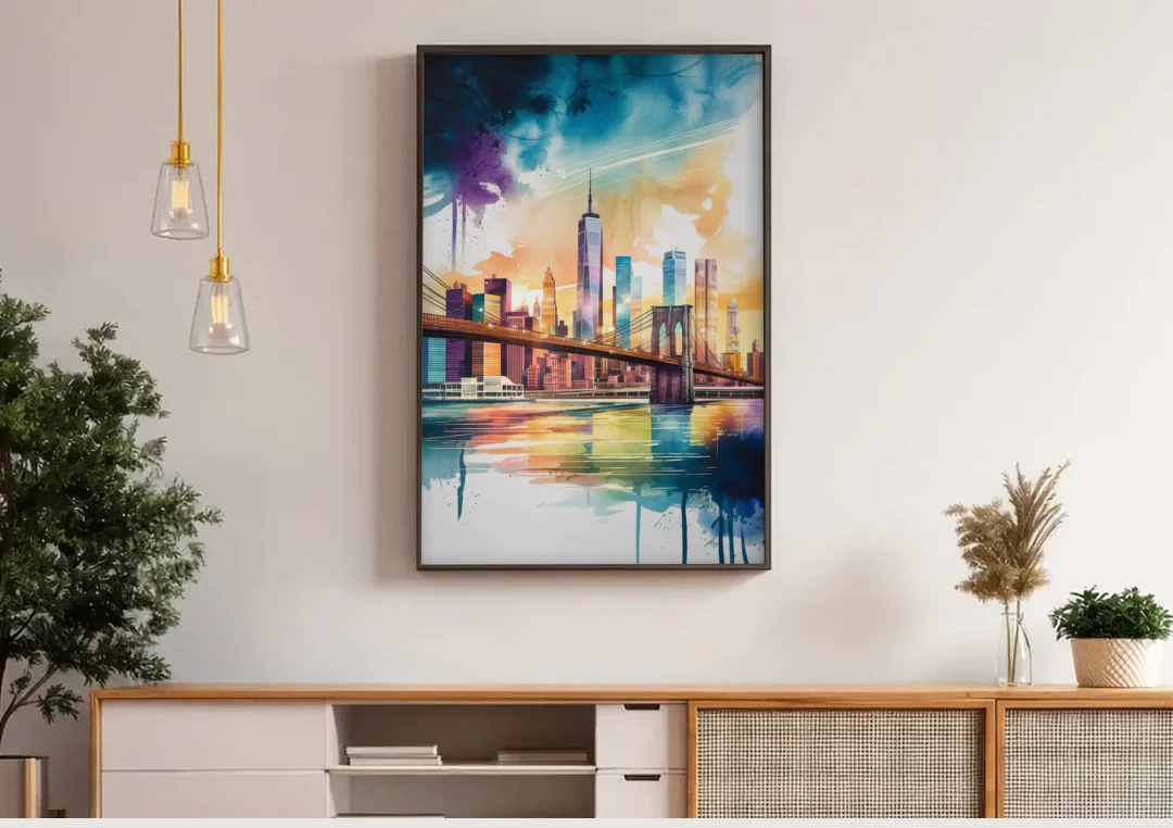 New York City Skyline in Watercolor Hudson canvas wall art above a wooden sideboard under pendant lights