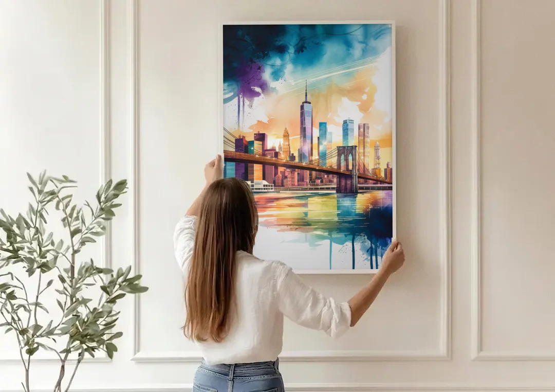 New York City Skyline in Watercolor Hudson canvas wall art being hung on a paneled wall