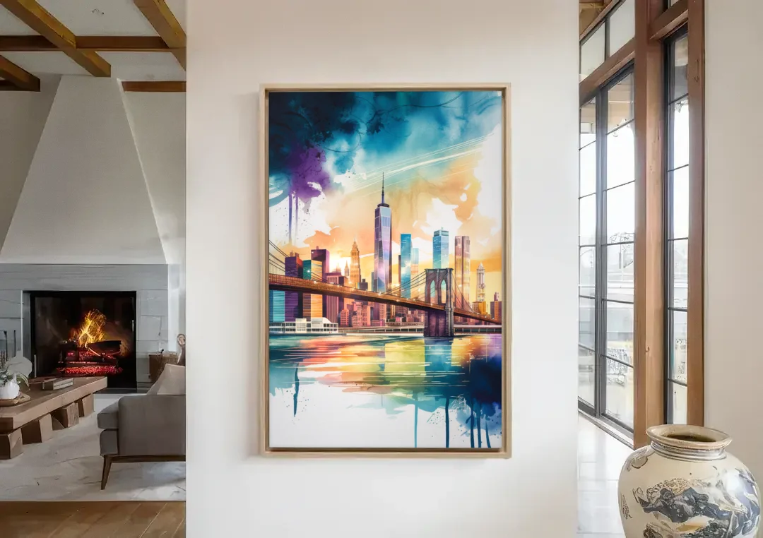 New York City Skyline in Watercolor Hudson canvas wall art in a living room with a fireplace