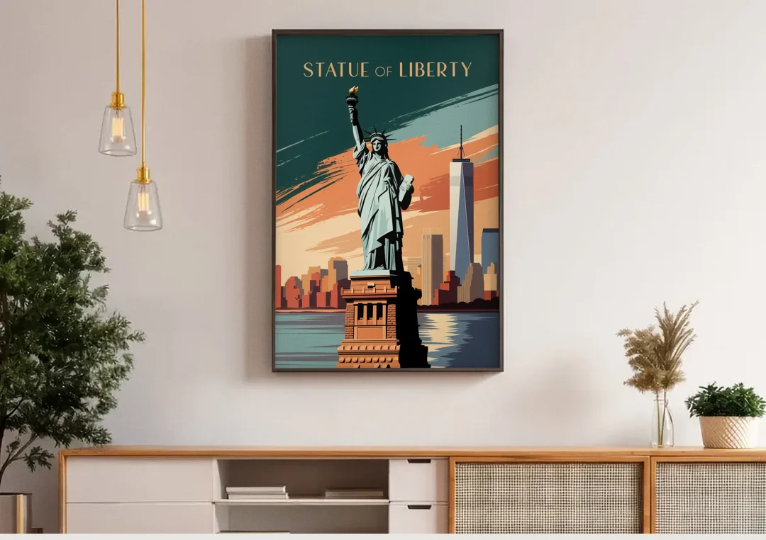 New York City Statue of Liberty canvas wall art above a wooden sideboard under pendant lights