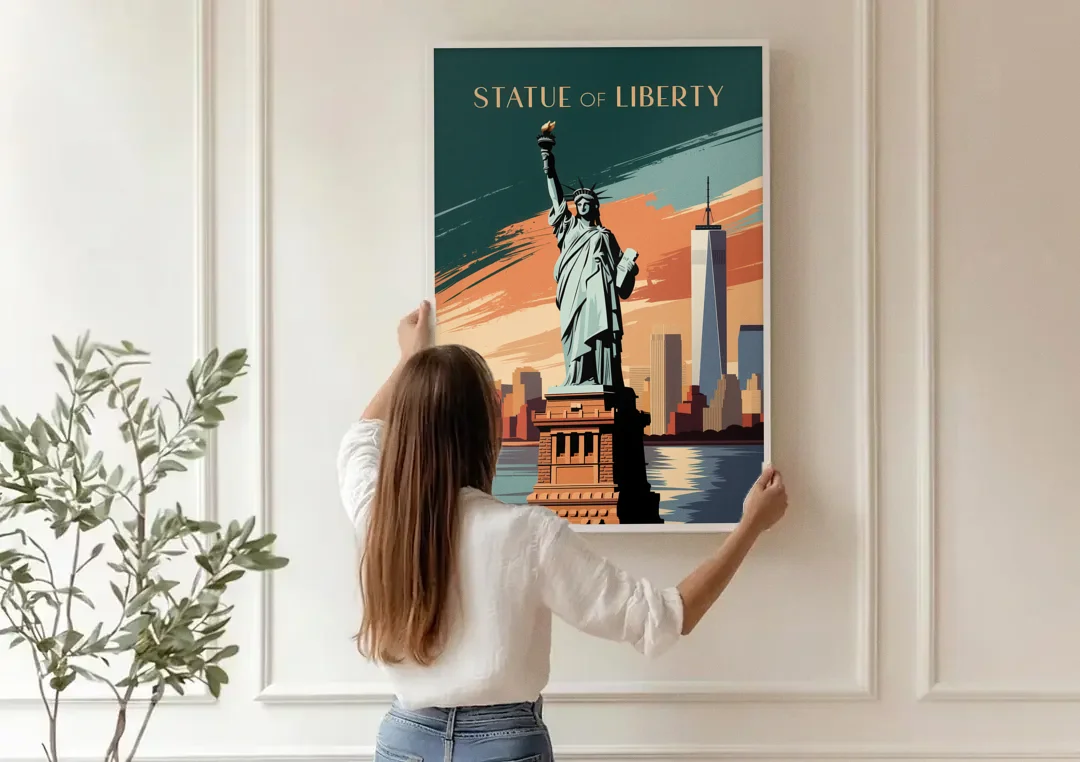 New York City Statue of Liberty canvas wall art being hung on a paneled wall