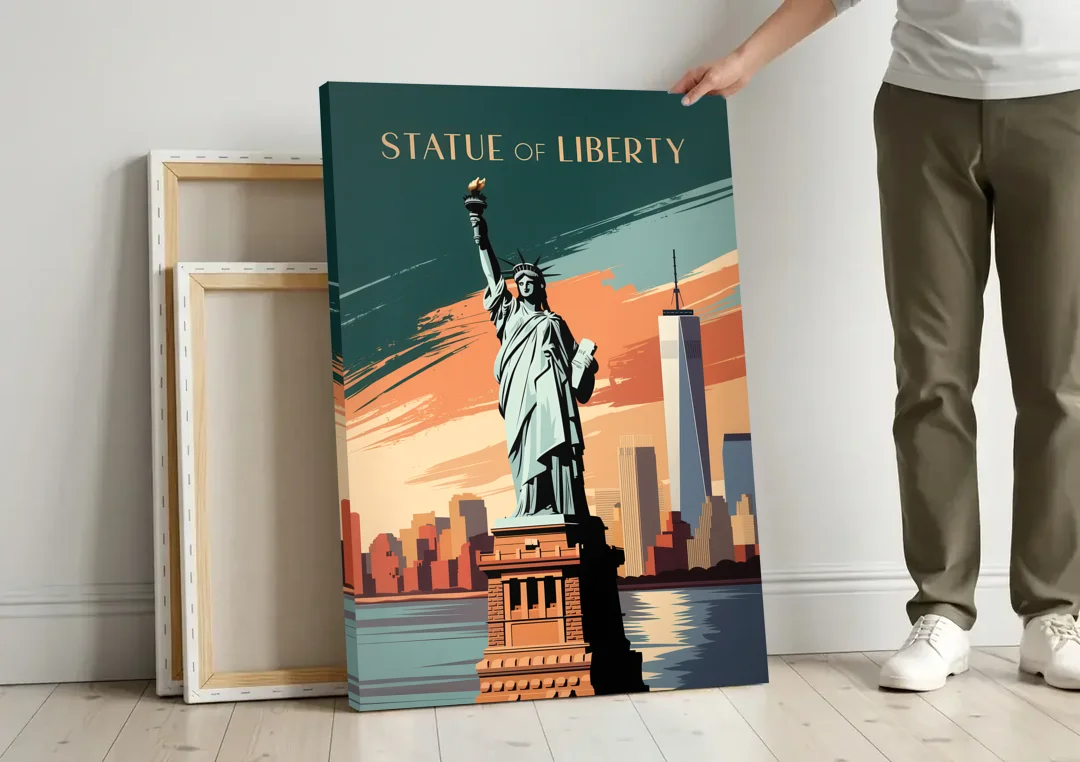 New York City Statue of Liberty canvas wall art leaning against a wall next to blank canvases