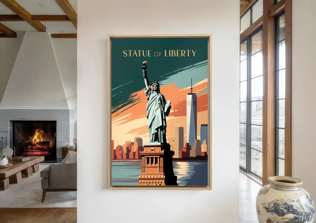 New York City Statue of Liberty canvas wall art in a living room with a fireplace