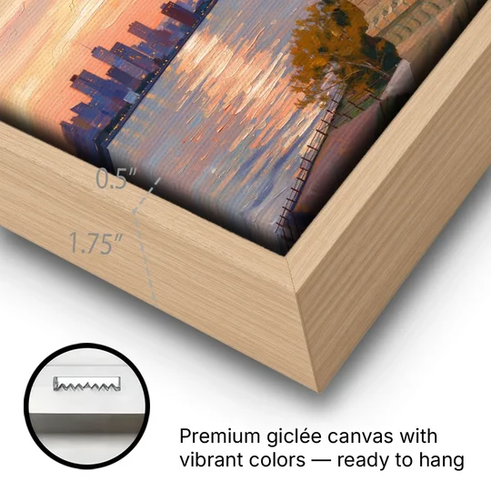 New York City Statue of Liberty Closeup Sky - Oak Framed Canvas Wall Art - Gallery Wrap Corner