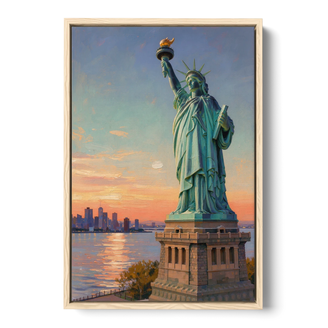 New York City Statue of Liberty Closeup Sky - Oak Framed Canvas Wall Art - Front