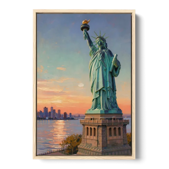 New York City Statue of Liberty Closeup Sky - Oak Framed Canvas Wall Art - Front
