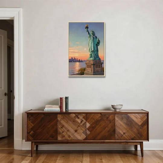 New York City Statue of Liberty Closeup Sky - Oak Framed Canvas Wall Art - Coffee Table - 24x36