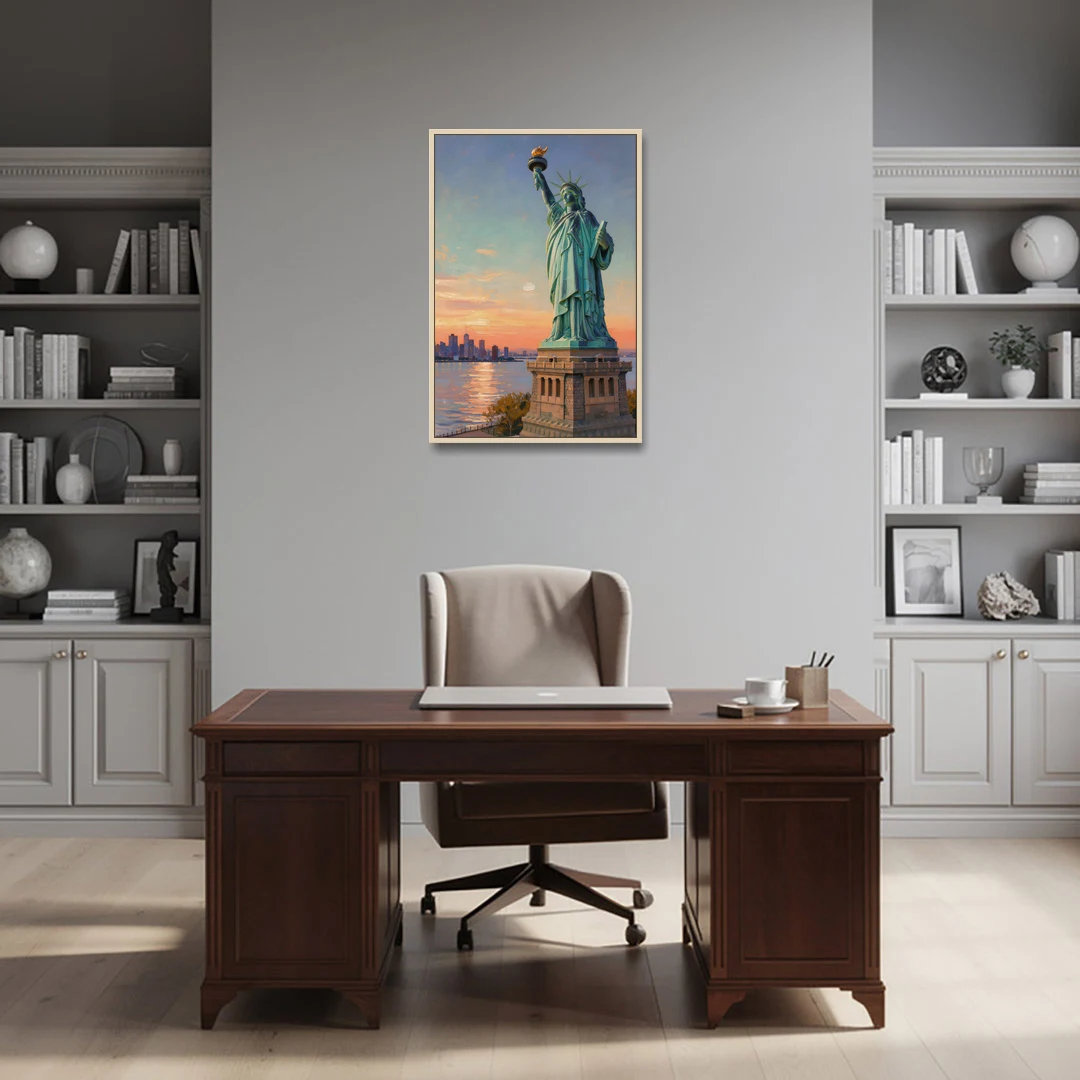 New York City Statue of Liberty Closeup Sky - Oak Framed Canvas Wall Art - Office - 24x36
