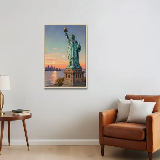 New York City Statue of Liberty Closeup Sky - Oak Framed Canvas Wall Art - Sofa - 24x36