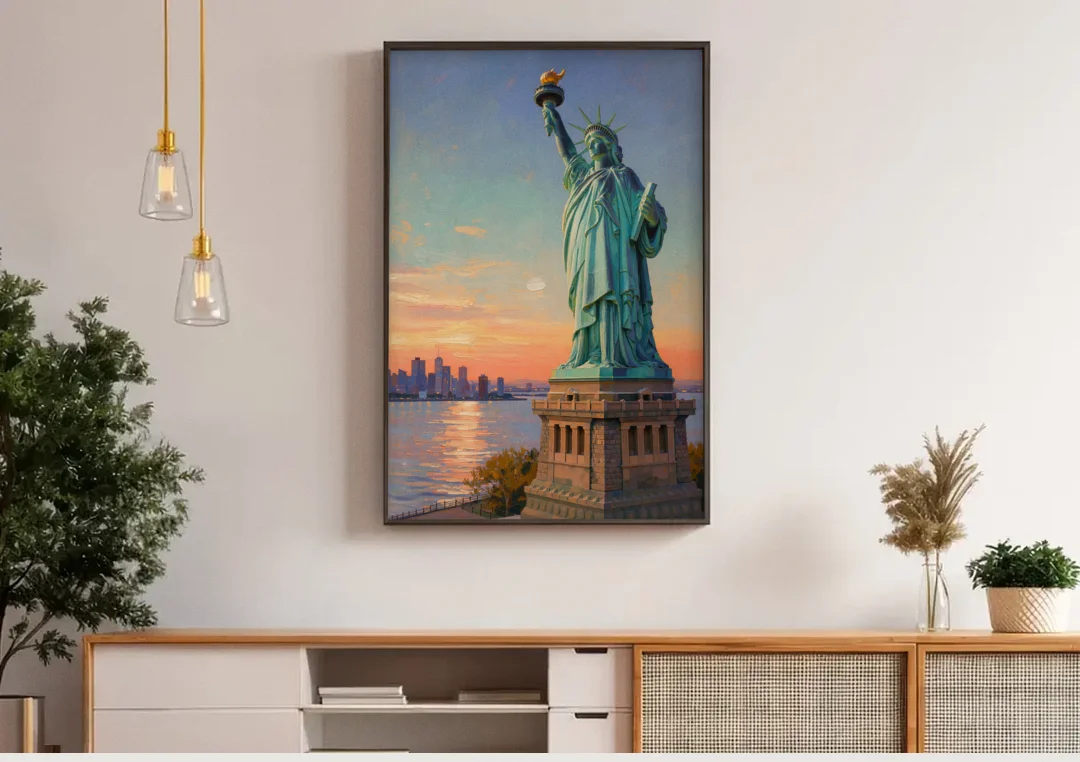 New York City Statue of Liberty Closeup Sky canvas wall art above a wooden sideboard under pendant lights