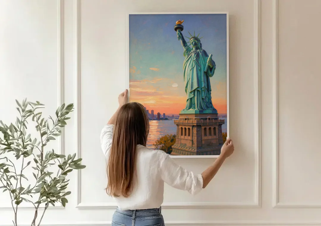 New York City Statue of Liberty Closeup Sky canvas wall art being hung on a paneled wall
