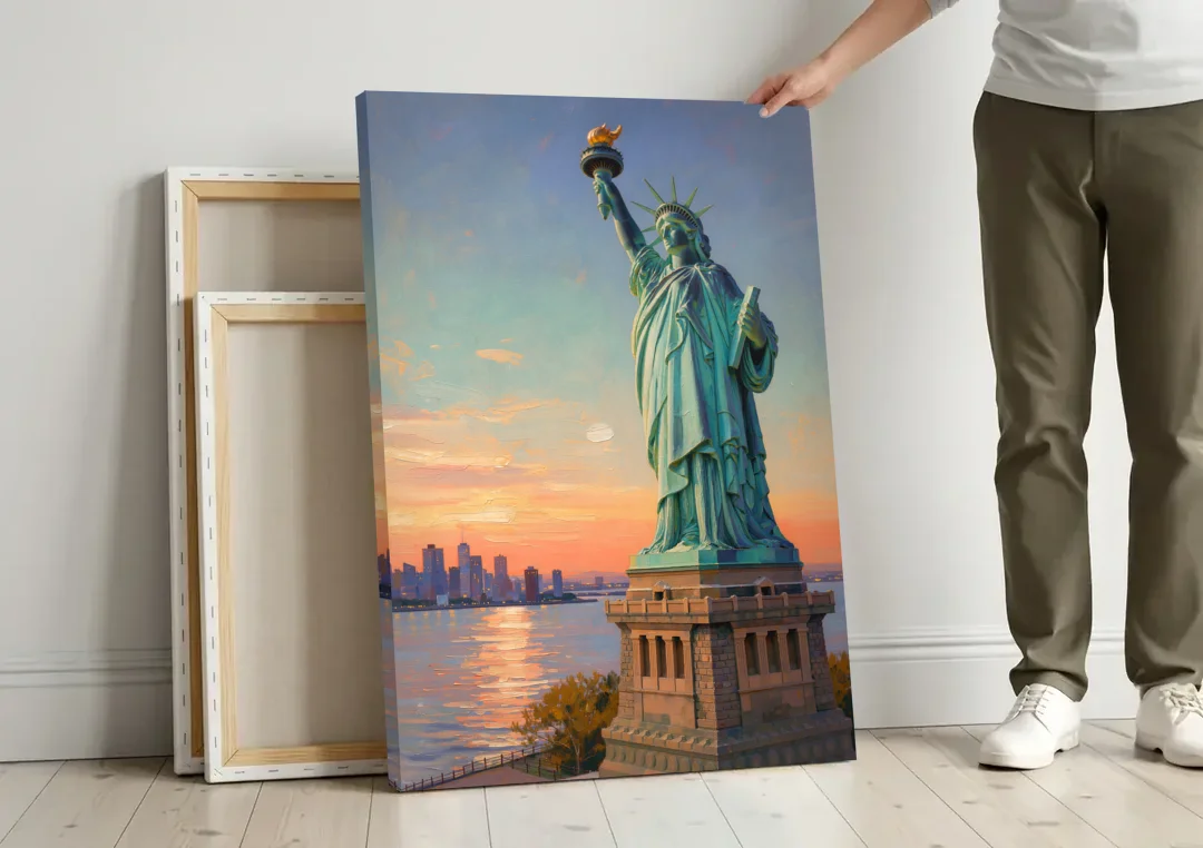 New York City Statue of Liberty Closeup Sky canvas wall art leaning against a wall next to blank canvases