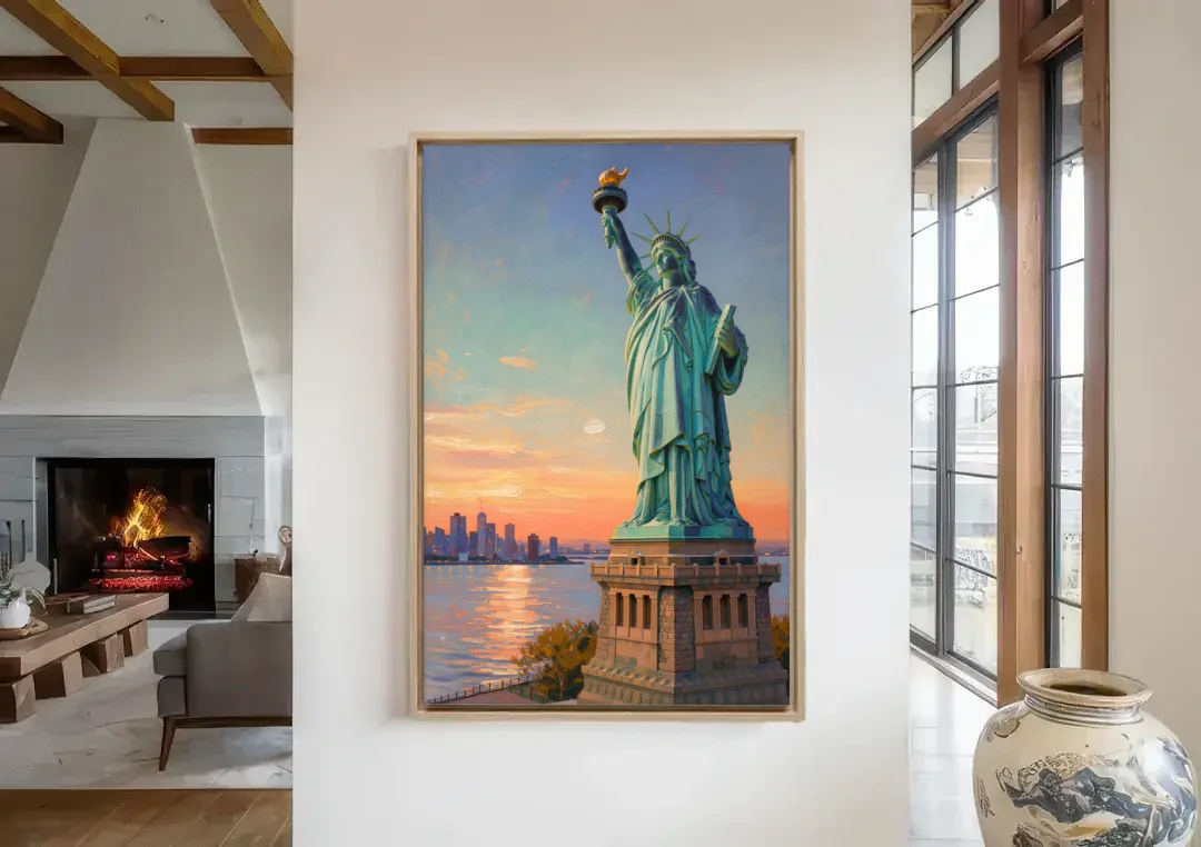 New York City Statue of Liberty Closeup Sky canvas wall art in a living room with a fireplace