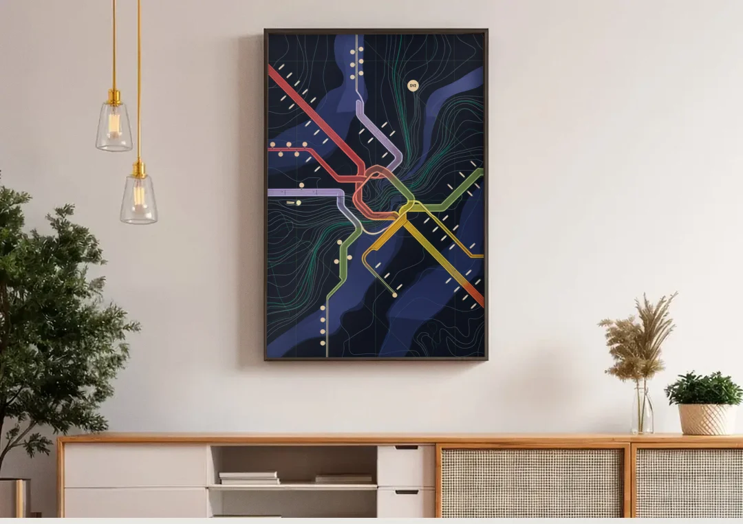 New York City Subway Map canvas wall art above a wooden sideboard under pendant lights