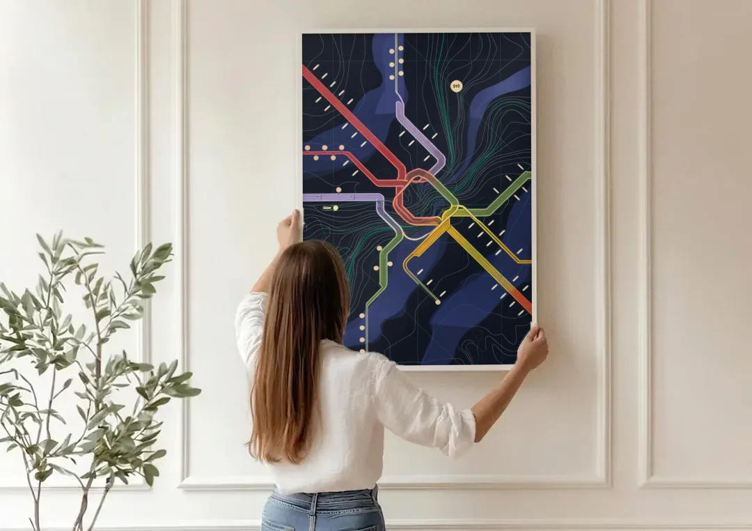 New York City Subway Map canvas wall art being hung on a paneled wall