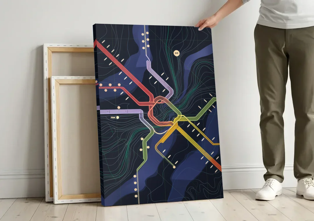 New York City Subway Map canvas wall art leaning against a wall next to blank canvases