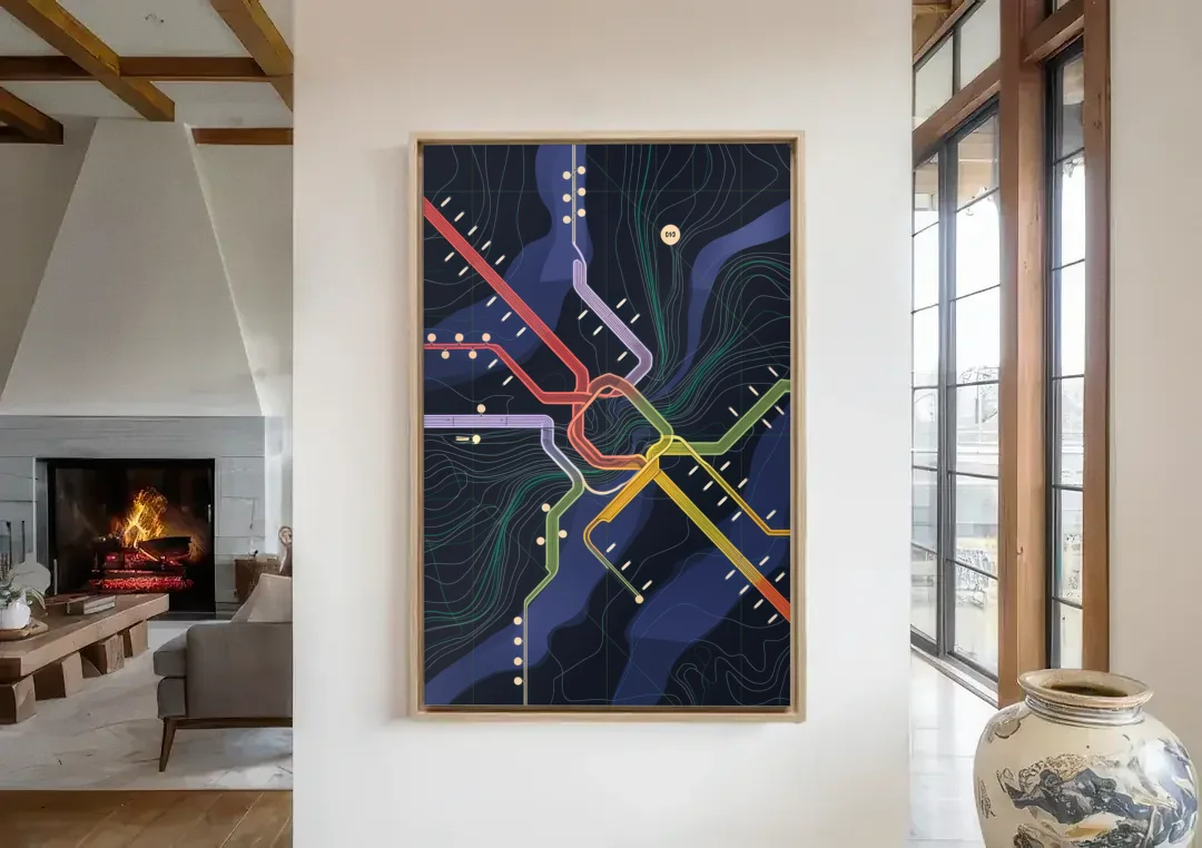 New York City Subway Map canvas wall art in a living room with a fireplace