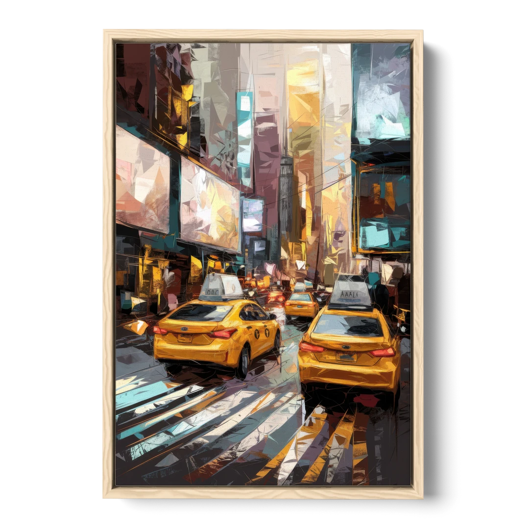 New York City Taxi Cabs - Oak Framed Canvas Wall Art - Front