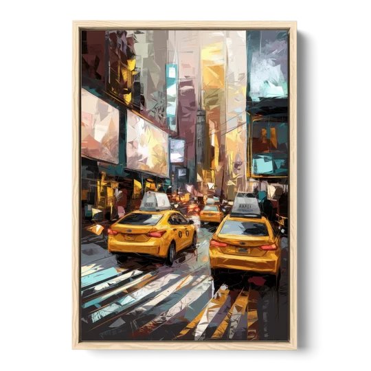 New York City Taxi Cabs - Oak Framed Canvas Wall Art - Front
