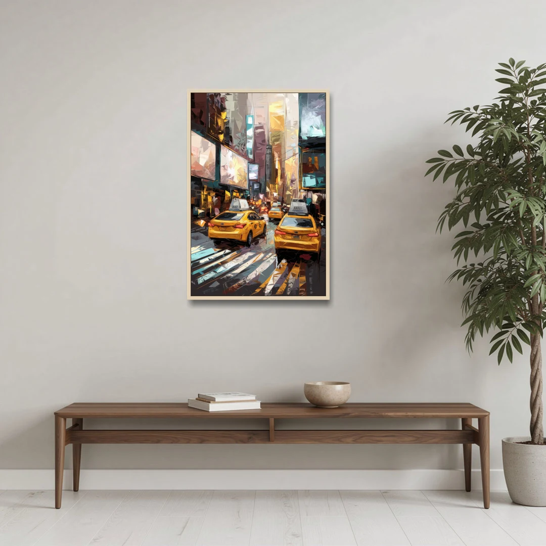 New York City Taxi Cabs - Oak Framed Canvas Wall Art - Coffee Table - 24x36