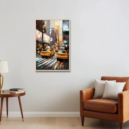 New York City Taxi Cabs - Oak Framed Canvas Wall Art - Sofa - 24x36