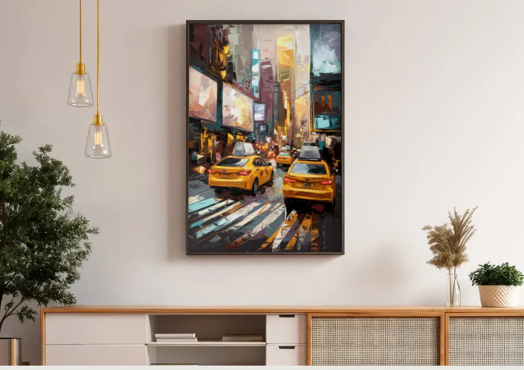 New York City Taxi Cabs canvas wall art above a wooden sideboard under pendant lights